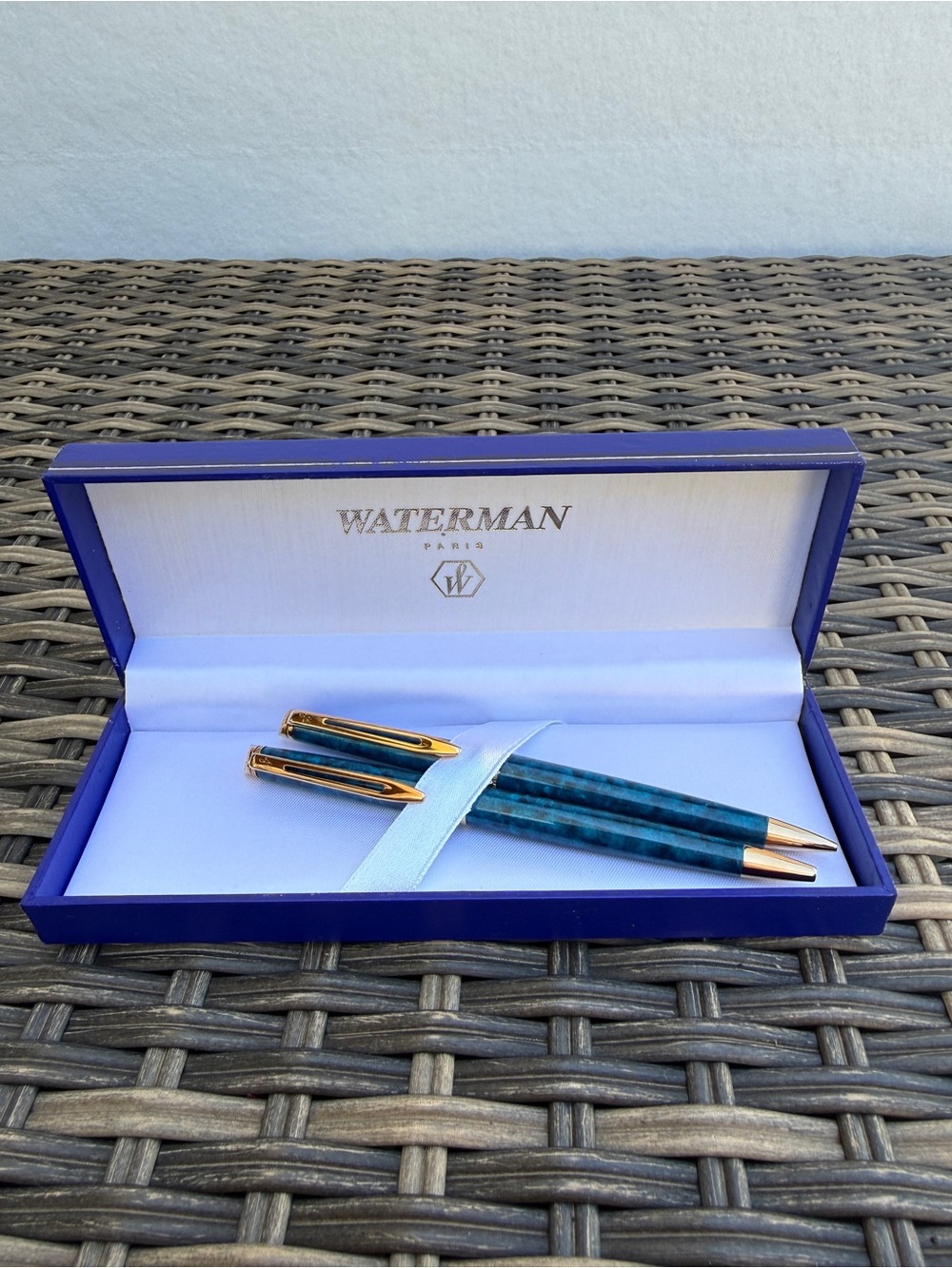 Waterman Paris France Blue Marble Ballpoint Pen Pencil Set Gold Tone Box